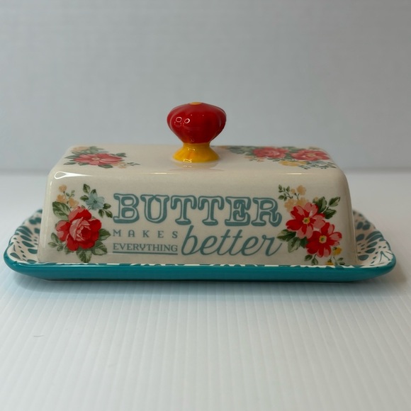 Pioneer Woman Butter Dish Floral Covered Stoneware Lid Kitchen Farmhouse - Picture 3 of 11